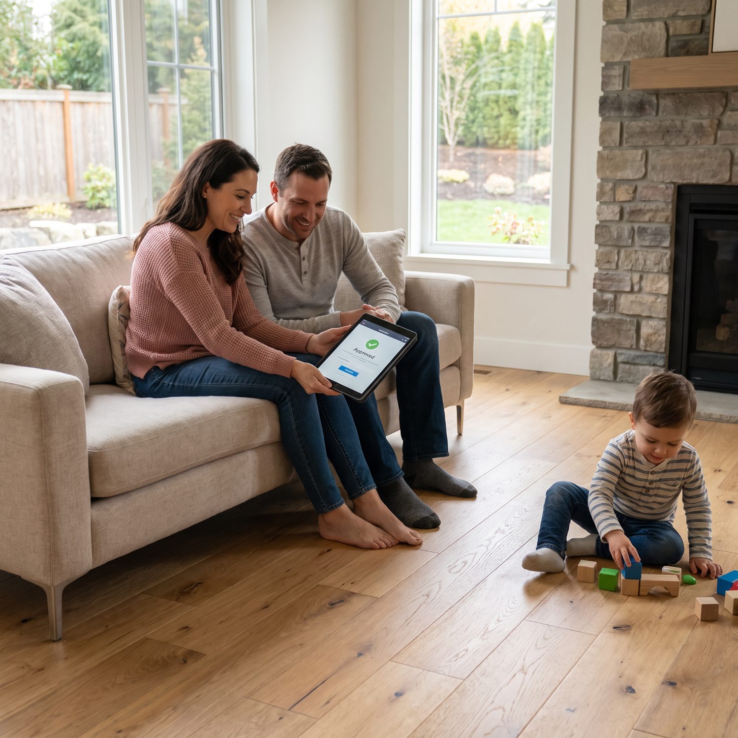 Happy family reviewing an approved flooring financing application on a tablet in a home with new hardwood floors
