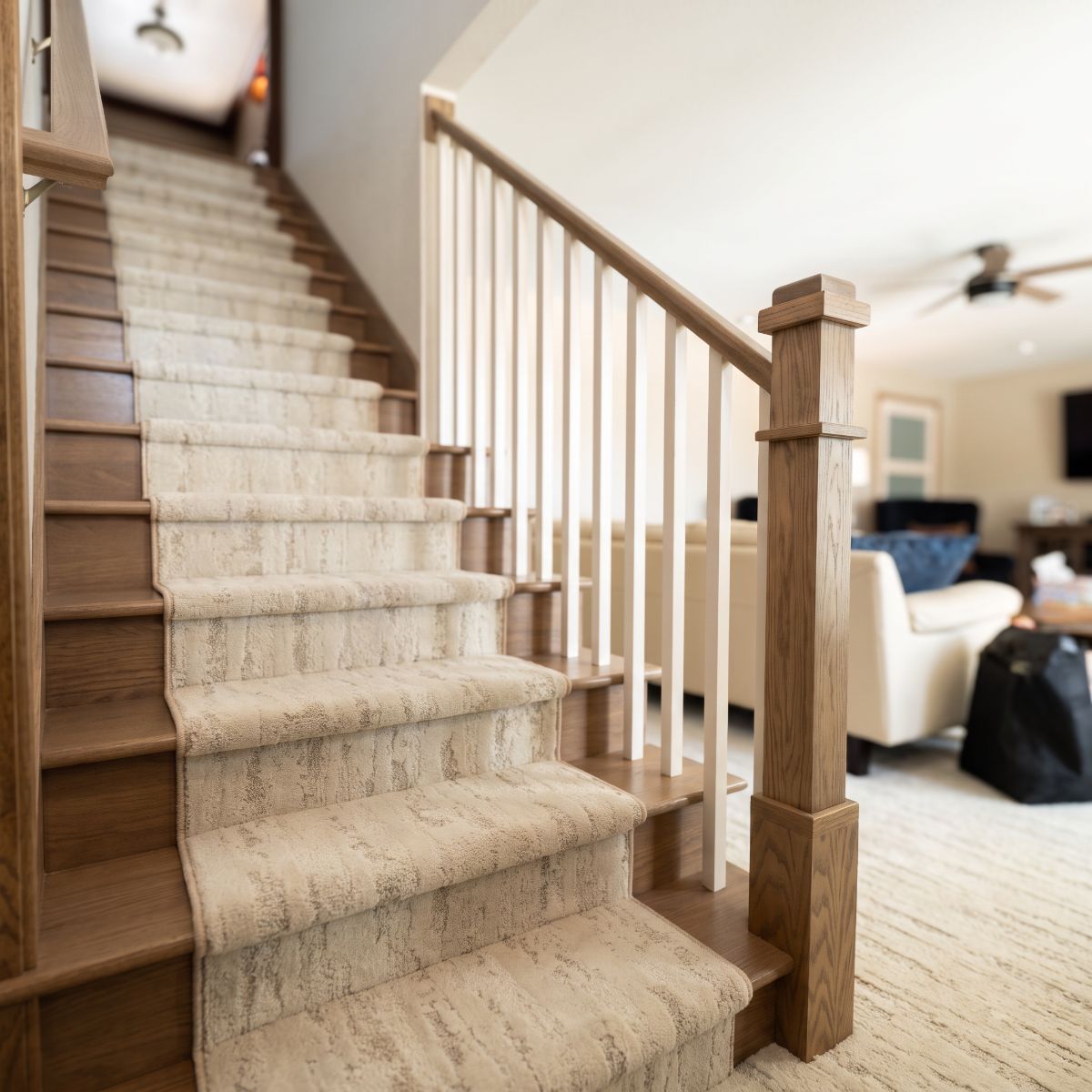 Custom Shaw carpet stair runner installed in a Solon, Iowa home