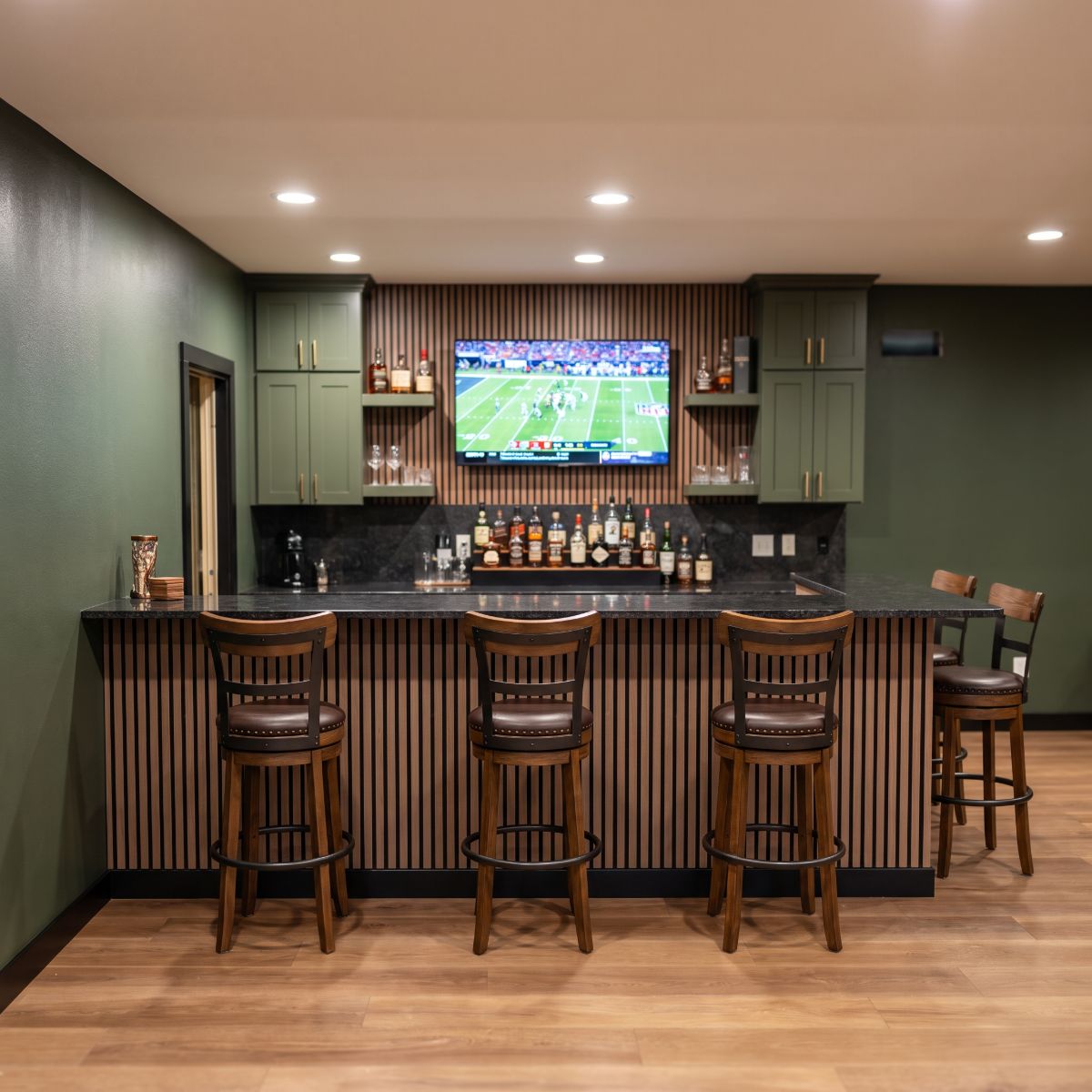 Emerald pub-style bar remodel with new commercial flooring in Iowa City, Iowa