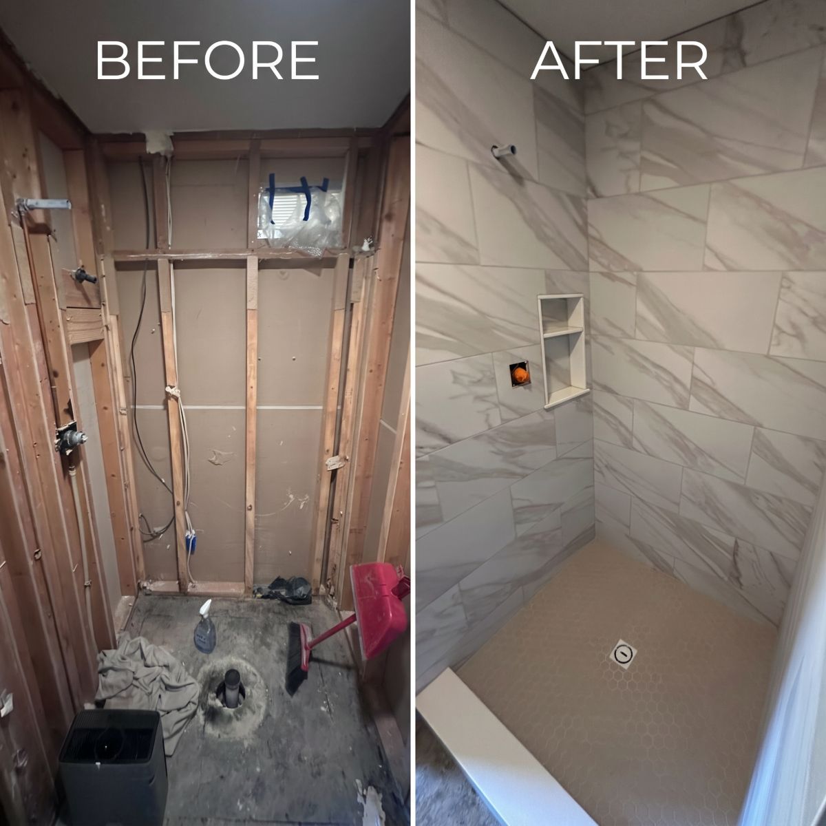 Tile shower remodel before and after in Iowa City, Iowa
