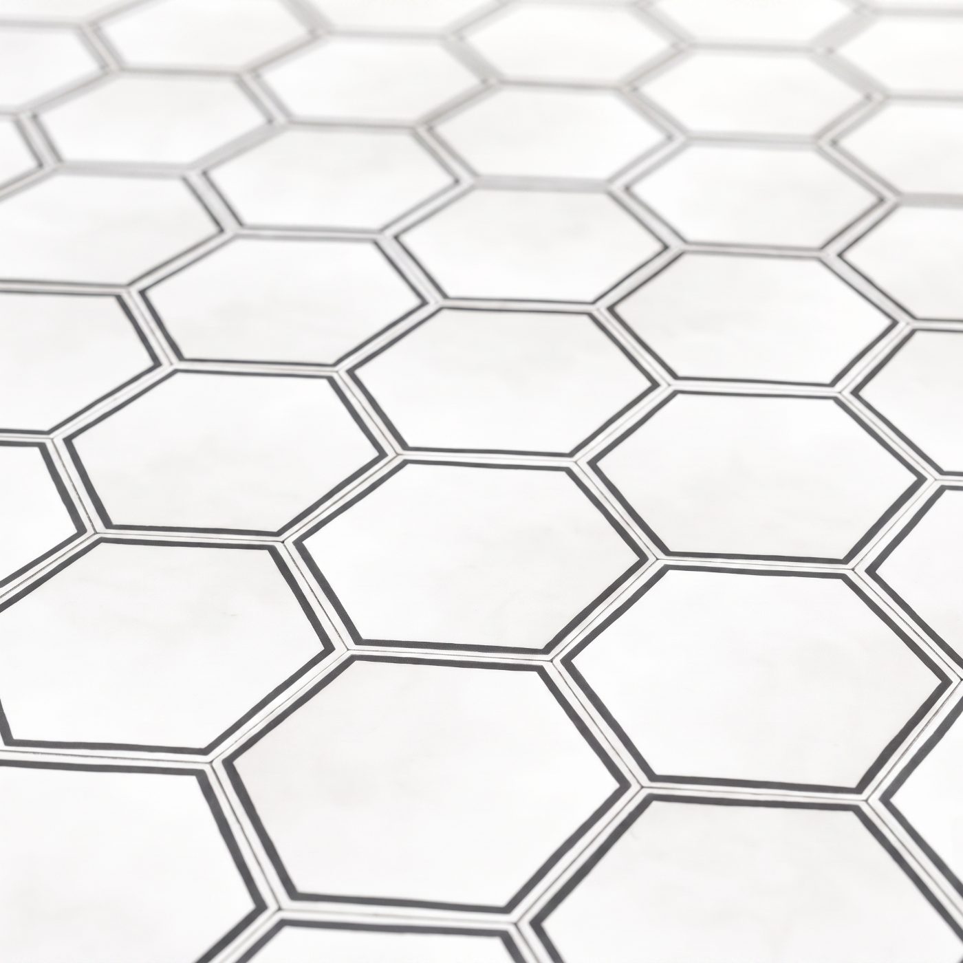 White hexagon-pattern sheet vinyl flooring